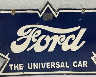 Double-Sided Porcelain ‘Ford: The Universal Car’ Sign, 24 x 11 Inches