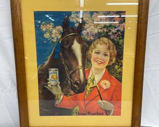 Framed Peach Snuff Advertisement with Girl and Horse, 23×27