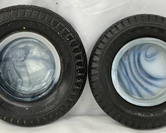 Two Goodrich Silvertown Tire Ashtrays with Swirled Glass Inserts
