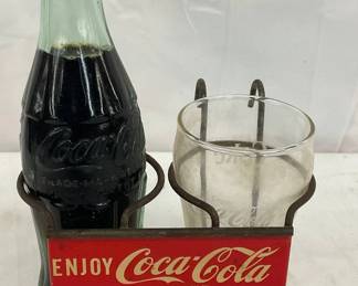 Coca-Cola Bottle and Cup Set with Metal Holder and Advertising Sign