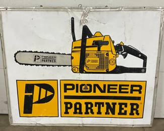Embossed Wooden ‘Pioneer Partner’ Chainsaw Advertising Sign