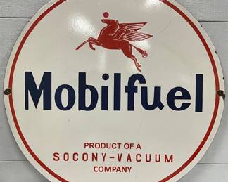 Single-Sided Porcelain Mobilfuel Sign with Pegasus Logo, 30in Diameter