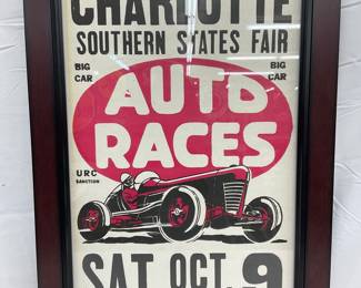 Framed Charlotte Southern States Fair Auto Race Poster, 18×26 Paper