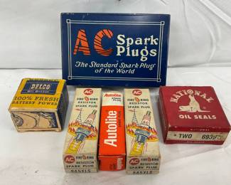 Metal AC Spark Plugs Tin,  AC Spark Plug Boxes, Delco Battery Power Box, and National Oil Seals Box