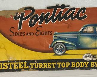 Pontiac Dealer Cardboard Advertising Sign Featuring ‘Sixes and Eights,’ 39in x 15in