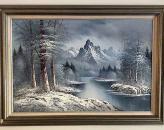 Vintage Antonio original oil on canvas painting of a winter landscape scene, 25"x 29".