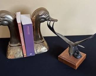 Brass duck bookends and eagle in flight sculpture