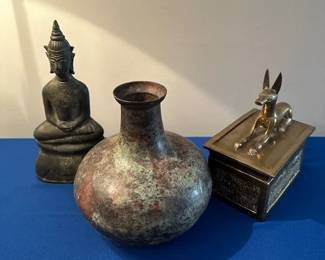 Vintage Buddha statue,  metal vase and Anubis shrine box (brass).
