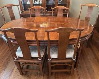 Vintage Japanese Table with Chairs (2 captain chairs and 4 straight back), caned seats and 2 leaves.