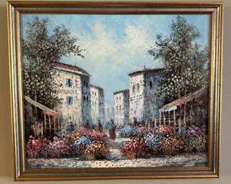 L. Frost impressionist oil painting of European street scene.