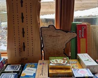 Cribbage boards, playing cards and board games