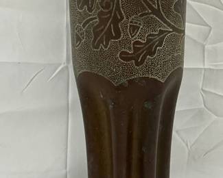 1914 Brass Trench Art Shell Vase with Engraved Oak Leaf Decor, 19.5X4