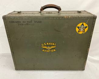 U.S. Naval Aviation Metal Storage Case with Insignia and Leather Handle