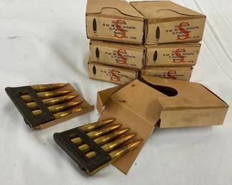 Seven Stock Boxes of 8mm M30 Scharfe S-Patronen Ammunition, Marked ‘Rottw., 1938’