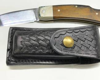 Made in USA Folding Knife with Wood Handle and Leather Sheath