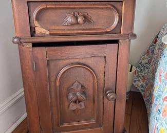 Antique Victorian , Rococo Revival style nightstand with marble top. Carved detail. In fair condition. 