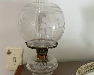 pair of etched glass kerosene oil lamps wired for electrical use. Mint condition no chips or cracks. Rare find!
