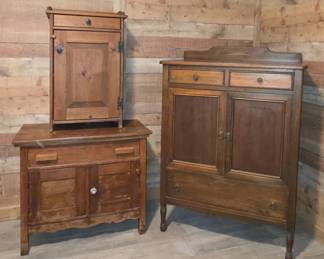 Antique Vintage Wood Storage Wardrobe, Washstand, and Pine Cabinet