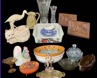 Curated MCM Collection of Fine Vintage Ceramics, Glassware HandCarved Decor