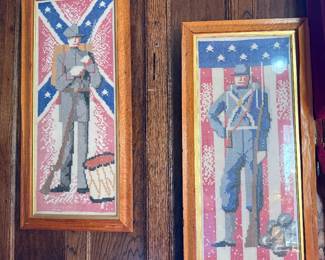 Pair of Framed Civil War Soldiers in Needlepoint