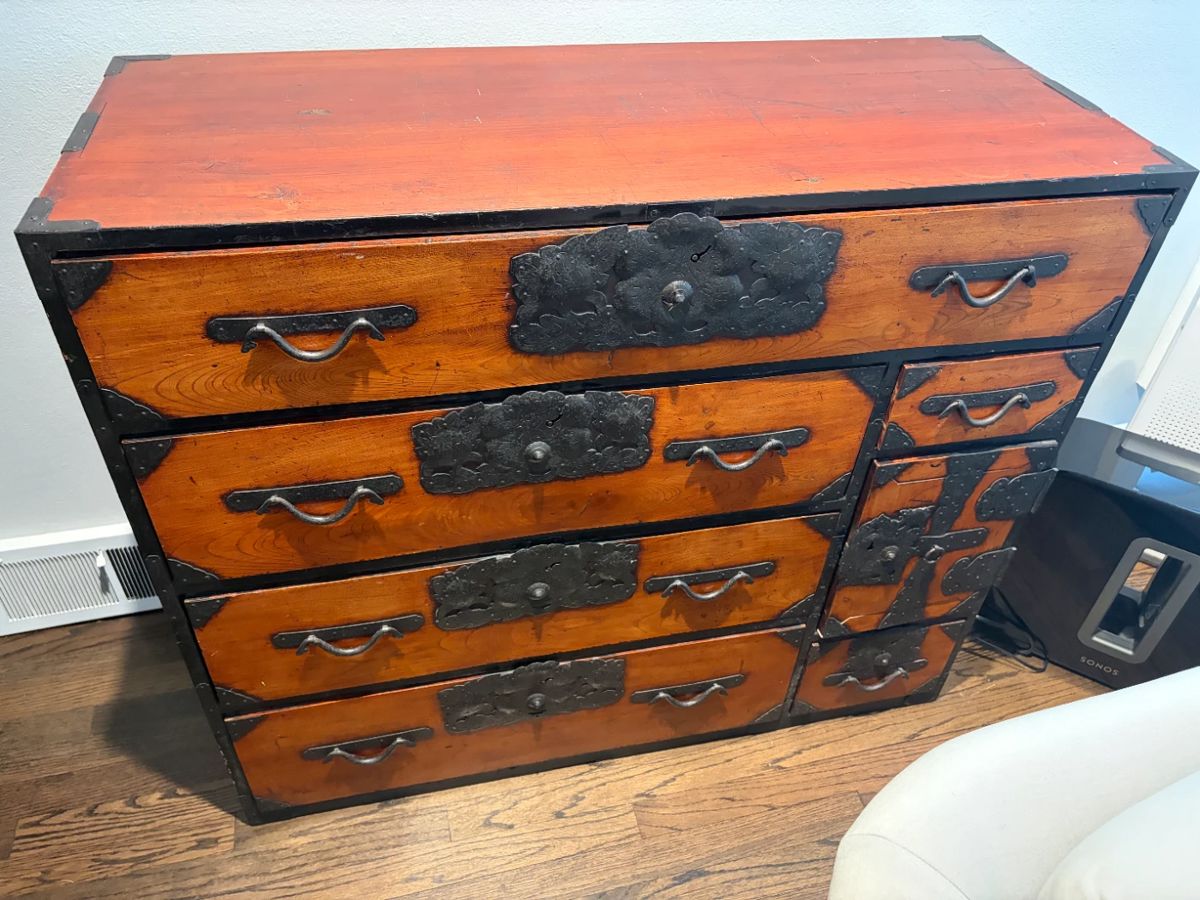 $1800.  Sendai Tansu with Keyaki wood frame.  Cryptomeria  casing and elaborate iron hardware. Honeychurch Antiques Meiji circa. 1875.  42 inches wide by 18.5 inches deep by 33 inches high..  
