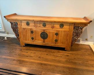 $3800. Late 19th century Chinese elmwood altar coffer. 85.5 w x 20.5”d x 35”h. Honeychurch Antiques.