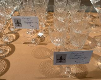 $900 Baccarat “Paris” 7”  champagne flutes set of 9,  $450. Baccarat “Paris” Clarets  5.75 in. Set of 11.  
