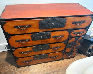 $1800. Sendai Tansu with Keyaki wood frame. Cryptomeria casing and elaborate iron hardware. Honeychurch Antiques Meiji circa. 1875. 42 inches wide by 18.5 inches deep by 33 inches high..