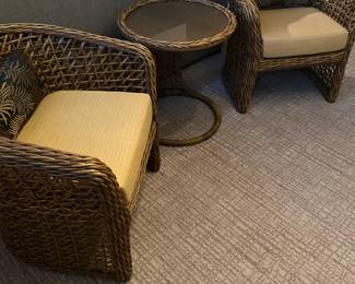 $320. Two pairs of chairs and two tables.  Chairs are 28" x 28"d x 30"h.  Tables are 22" in diameter x 24"h. 