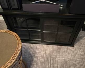 $280. Media console with two sliding drawers protecting four shelves on the interior. 52 inches wide by 24 inches deep by 28 inches high.