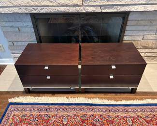 $280. A pair of end tables on iron bases with two drawers.  Each is 24"w x 16"d x 16"h.