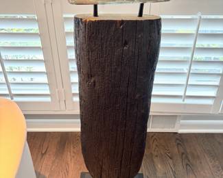 $540. Original art made up of a glass on burnt wood standing on metal base.  The base is 14"sq. x 44'h.