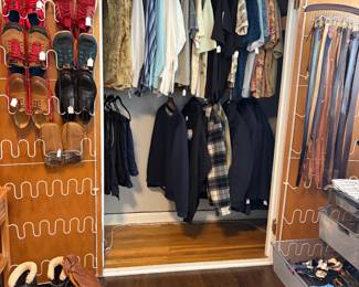 Men’s clothing for sale during in person shopping.  Sizes are medium, or 34 inch waist belts and pant sizes vary.  Shoes are 9- 9 1/2.