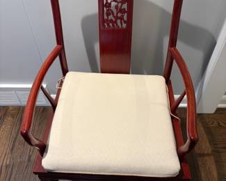 $600. A pair of vintage rosewood chairs.  Beautifully crafted with open design work on the back. 22"w x 19"d x 38"h.   Shown without the cushions in the next photo
