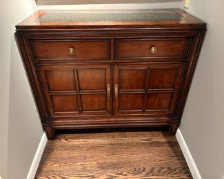 $360. Beautiful wood chest with a granite top.  Two drawers -one with flatware divider.  Two doors hide a fixed shelf. 42"w x 18"d x 37"h.