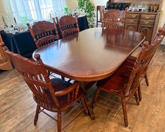 Dining Table with One Leaf and Six Spindle-Back Chairs 