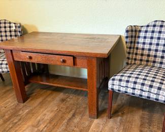 Mission or Arts & Crafts Style Oak Writing Desk or Library Table/ Upolstered Side Chairs