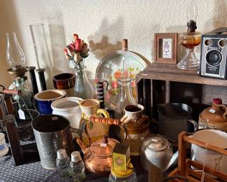 Antique Kitchen Implements, Teapots, Coffee Pots, Bottles and Crocks