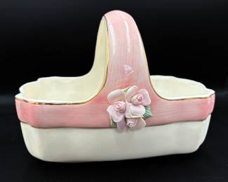 Vintage Teleflora Pink and White Ceramic Handled Basket with Applied Flowers