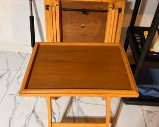 Dolphin Teak Wood TV Trays Folding End Tables MCM - Set of 4 w/ Stand - Vintage