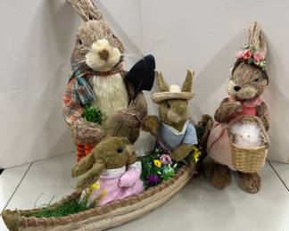 Sisal Straw Bunny Family With Boat