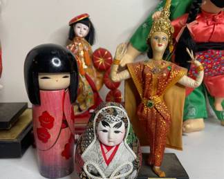 Set of Asian Dolls: Thai Dancer, Kokeshi, and Japanese Kimono Dolls