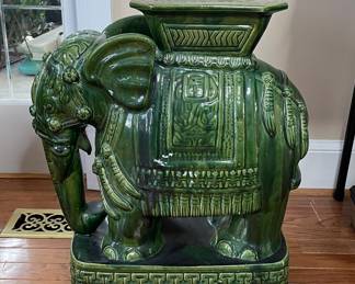 Vintage Emerald Green Glazed Ceramic Elephant Garden Stool/Table