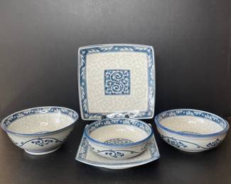 Blue and White Porcelain Serving Set with Karakusa Pattern