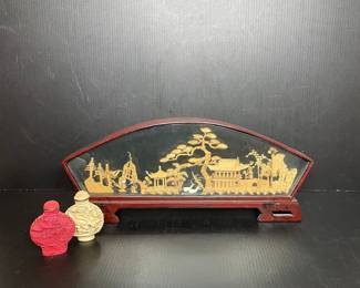 Antique Chinese Cork Carving Diorama and Snuff Bottles