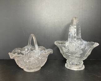 Pair of Vintage Etched Crystal Glass Baskets