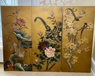 Vintage Chinese Hand Painted Triptych Screens 