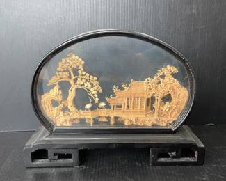 Vintage Chinese Cork Carving Diorama with Pagoda