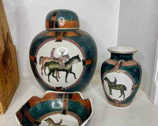 Vintage WBI Porcelain Equestrian Vase, Ginger Jar, and Bowl Set
