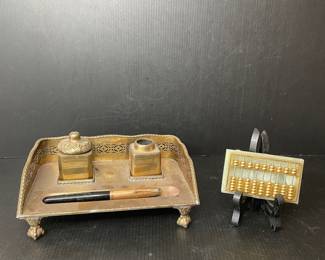 Vintage Brass Inkwell Set & Abacus